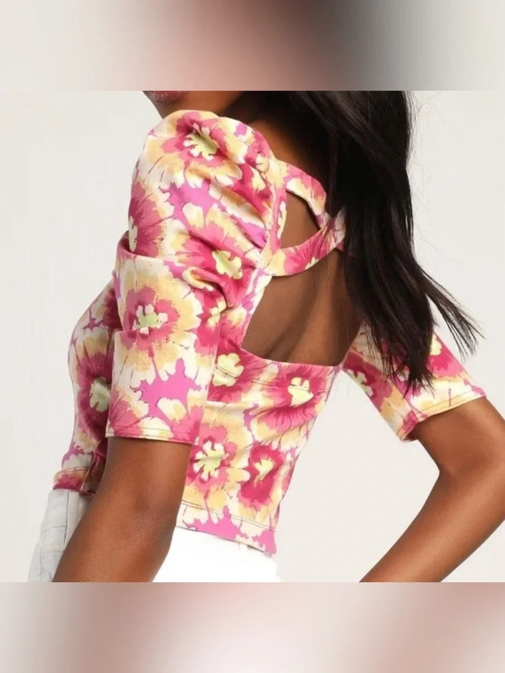 Free People Pink Watercolor Floral Square-Neck Puff Short Sleeve Blouse -Size XS